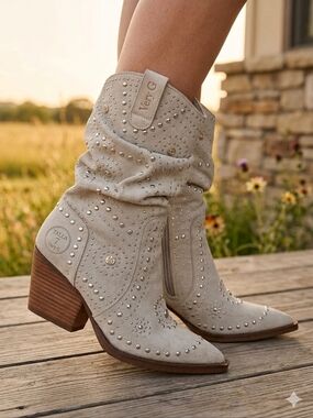 Very G Boho Cowboy Boots with Silver Studs Slouchy Style - Size 7